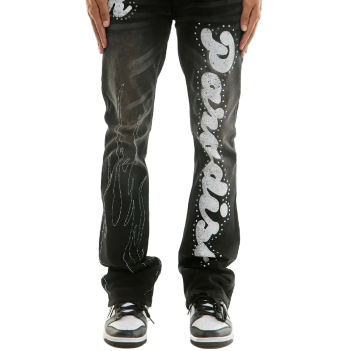 ALLOVER RHINE STONE BLACK RIPPED PANTS