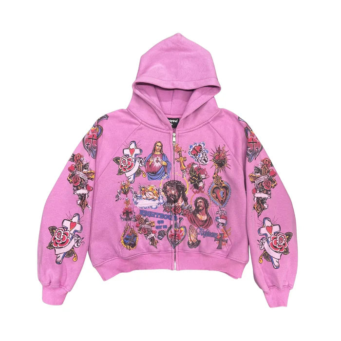 "Religious Tattoo" Pink Zip Hoodie