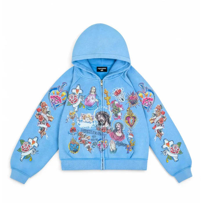 "Religious Tattoo" Zip Hoodie (Pink &amp; Blue)