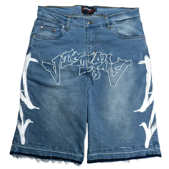 SEA BREEZE BLUE “GRAFFITI BLITZ” LONG STRAIGHT DENIM SHORTS
